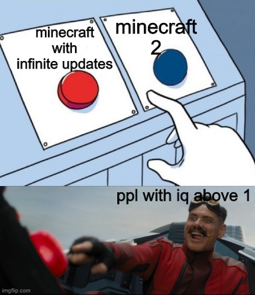 Robotnik Button | minecraft 2; minecraft with infinite updates; ppl with iq above 1 | image tagged in robotnik button | made w/ Imgflip meme maker
