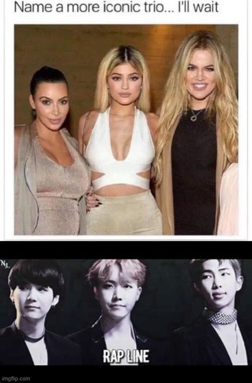 rap line of BTS | image tagged in name a more iconic trio | made w/ Imgflip meme maker