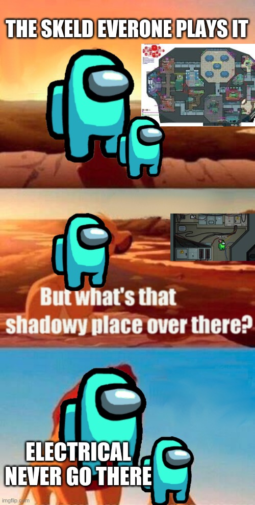Simba Shadowy Place | THE SKELD EVERONE PLAYS IT; ELECTRICAL NEVER GO THERE | image tagged in memes,simba shadowy place | made w/ Imgflip meme maker