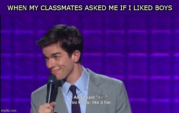 When I had to pass as straight | WHEN MY CLASSMATES ASKED ME IF I LIKED BOYS; Yes | image tagged in john mulaney and i said no you know like a liar | made w/ Imgflip meme maker