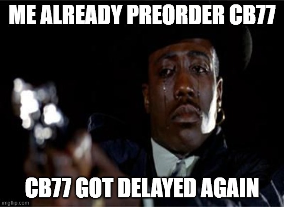 Omg why | ME ALREADY PREORDER CB77; CB77 GOT DELAYED AGAIN | image tagged in crying wesley snipes | made w/ Imgflip meme maker