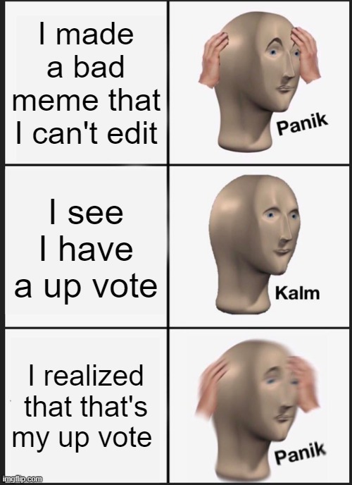 You should be able to change it after you make it | I made a bad meme that I can't edit; I see I have a up vote; I realized that that's my up vote | image tagged in memes,panik kalm panik | made w/ Imgflip meme maker
