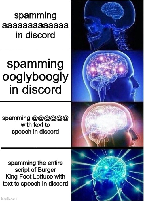 Discord Spamming | spamming aaaaaaaaaaaaa in discord; spamming ooglyboogly in discord; spamming @@@@@@ with text to speech in discord; spamming the entire script of Burger King Foot Lettuce with text to speech in discord | image tagged in memes,expanding brain | made w/ Imgflip meme maker