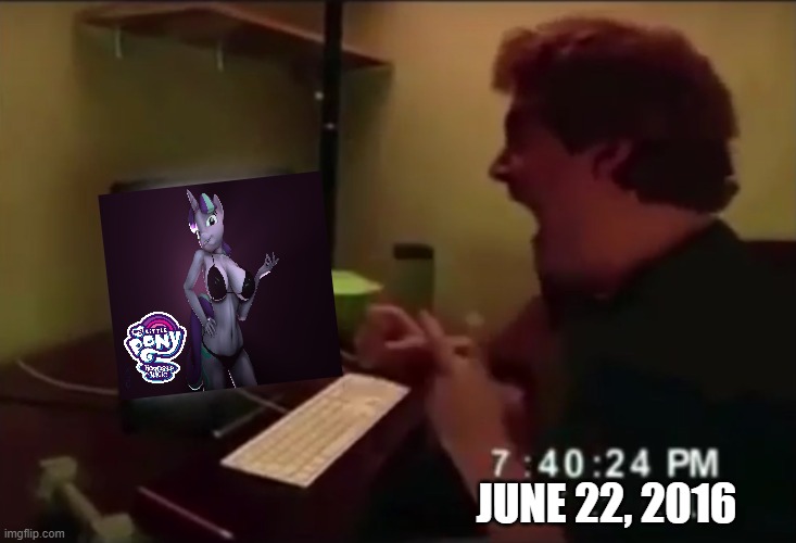 Guy watches MLP FIM Starlight Glimmer the sexy. | JUNE 22, 2016 | image tagged in guy punches through computer screen meme,my little pony friendship is magic,memes,anthro,sfm,starlight glimmer | made w/ Imgflip meme maker