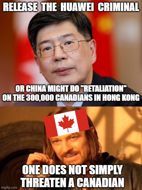 Don't Insult the Canadain | RELEASE  THE  HUAWEI  CRIMINAL; OR CHINA MIGHT DO "RETALIATION" ON THE 300,000 CANADIANS IN HONG KONG; ONE DOES NOT SIMPLY THREATEN A CANADIAN | image tagged in memes,one does not simply,china,canada | made w/ Imgflip meme maker