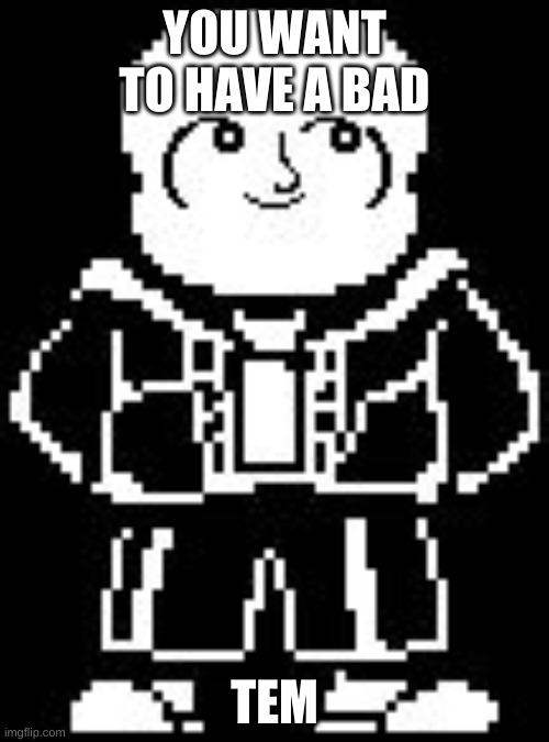 Sanssss | YOU WANT TO HAVE A BAD; TEM | image tagged in sanssss,tem,sans,bad time | made w/ Imgflip meme maker
