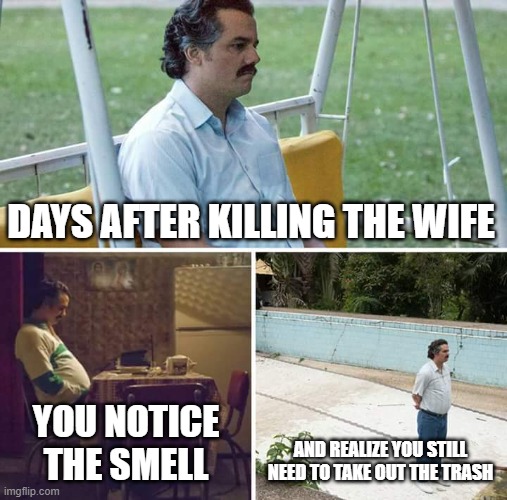 Sad Pablo Escobar Meme | DAYS AFTER KILLING THE WIFE; YOU NOTICE THE SMELL; AND REALIZE YOU STILL NEED TO TAKE OUT THE TRASH | image tagged in memes,sad pablo escobar | made w/ Imgflip meme maker