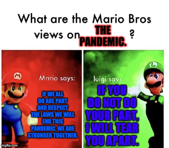 Mario Bros Views | THE PANDEMIC. IF WE ALL DO ARE PART AND RESPECT THE LAWS WE WILL END THIS PANDEMIC, WE ARE STRONGER TOGETHER. IF YOU DO NOT DO YOUR PART, I WILL TEAR YOU APART. | image tagged in mario bros views | made w/ Imgflip meme maker