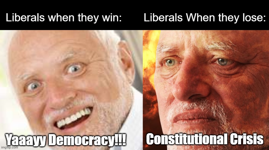 Liberals when they win:       Liberals When they lose: Yaaayy Democracy!!! Constitutional Crisis | made w/ Imgflip meme maker