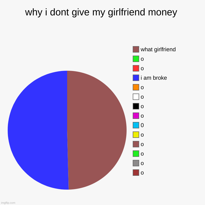 r.i.p loogoo | why i dont give my girlfriend money | o, o, o, o, o, 0, o, o, o, o, i am broke, o, o, what girlfriend | image tagged in charts,pie charts | made w/ Imgflip chart maker