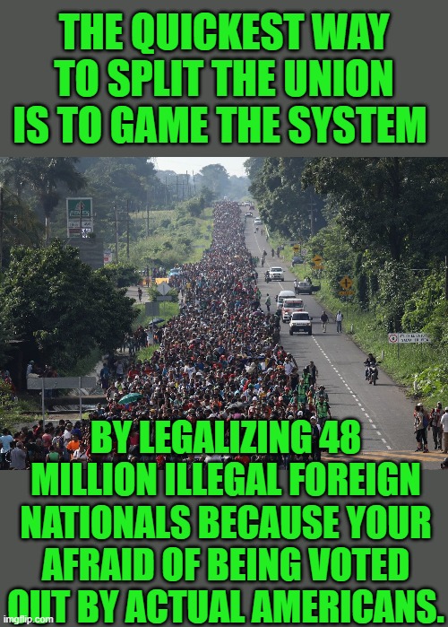 yep | THE QUICKEST WAY TO SPLIT THE UNION IS TO GAME THE SYSTEM; BY LEGALIZING 48 MILLION ILLEGAL FOREIGN NATIONALS BECAUSE YOUR AFRAID OF BEING VOTED OUT BY ACTUAL AMERICANS. | image tagged in democrats,communism,2020 elections,illegals | made w/ Imgflip meme maker