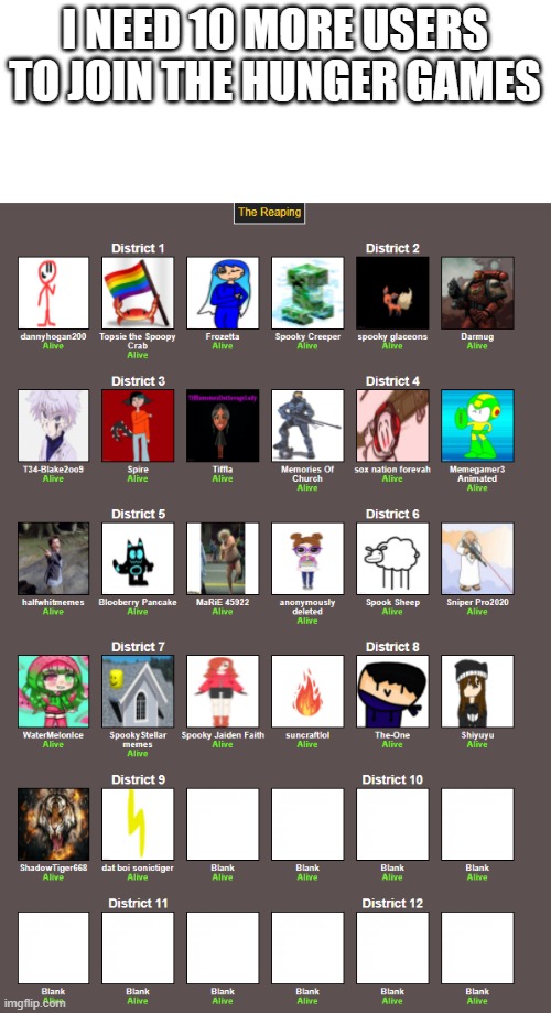 I NEED 10 MORE USERS TO JOIN THE HUNGER GAMES | image tagged in hunger games | made w/ Imgflip meme maker