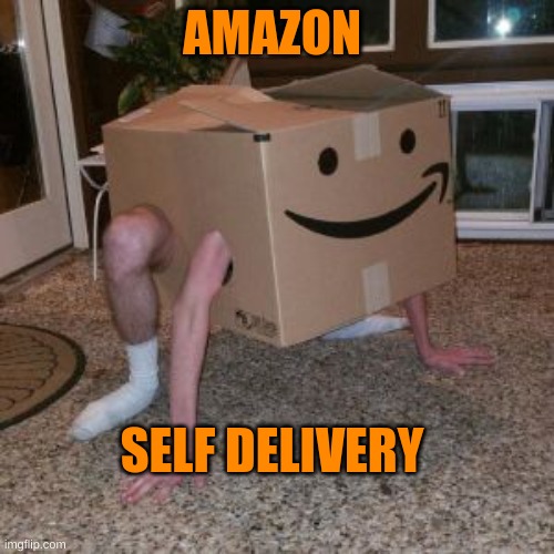 amazon self-delivery |  AMAZON; SELF DELIVERY | image tagged in amazon box guy,amazon box man,amazon,memes,funny memes,box | made w/ Imgflip meme maker