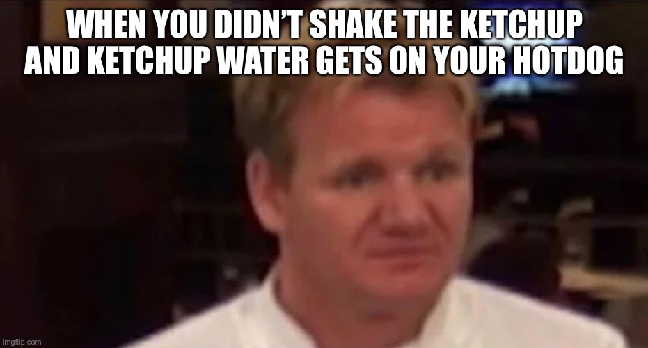 Disgusted Gordon Ramsay | WHEN YOU DIDN’T SHAKE THE KETCHUP AND KETCHUP WATER GETS ON YOUR HOTDOG | image tagged in disgusted gordon ramsay,memes,front page | made w/ Imgflip meme maker