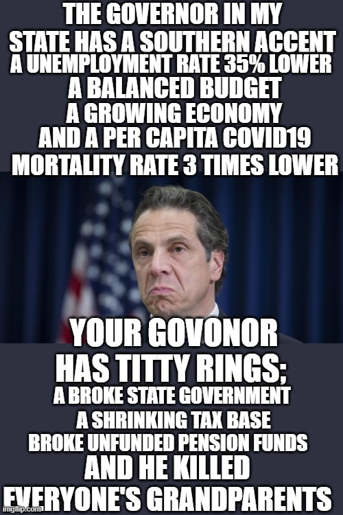 yep | THE GOVERNOR IN MY STATE HAS A SOUTHERN ACCENT; A UNEMPLOYMENT RATE 35% LOWER; A BALANCED BUDGET; A GROWING ECONOMY; AND A PER CAPITA COVID19 MORTALITY RATE 3 TIMES LOWER; YOUR GOVONOR HAS TITTY RINGS;; A BROKE STATE GOVERNMENT; A SHRINKING TAX BASE; BROKE UNFUNDED PENSION FUNDS; AND HE KILLED EVERYONE'S GRANDPARENTS | image tagged in andrew cuomo,democrats,communism,2020 elections | made w/ Imgflip meme maker