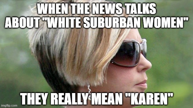 Karen | WHEN THE NEWS TALKS ABOUT "WHITE SUBURBAN WOMEN"; THEY REALLY MEAN "KAREN" | image tagged in karen | made w/ Imgflip meme maker
