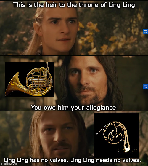 Ling Ling French Horn | This is the heir to the throne of Ling Ling; You owe him your allegiance; Ling Ling has no valves. Ling Ling needs no valves. | image tagged in horns,music,classical music,lotr,lord of the rings,boromir | made w/ Imgflip meme maker