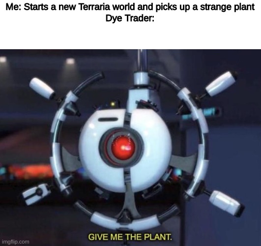 WE NEED MORE TERRARIA MEMES | Me: Starts a new Terraria world and picks up a strange plant
Dye Trader: | image tagged in give me the plant | made w/ Imgflip meme maker