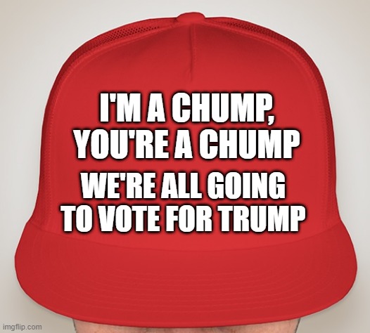 Trump Hat | I'M A CHUMP, YOU'RE A CHUMP; WE'RE ALL GOING TO VOTE FOR TRUMP | image tagged in trump hat | made w/ Imgflip meme maker