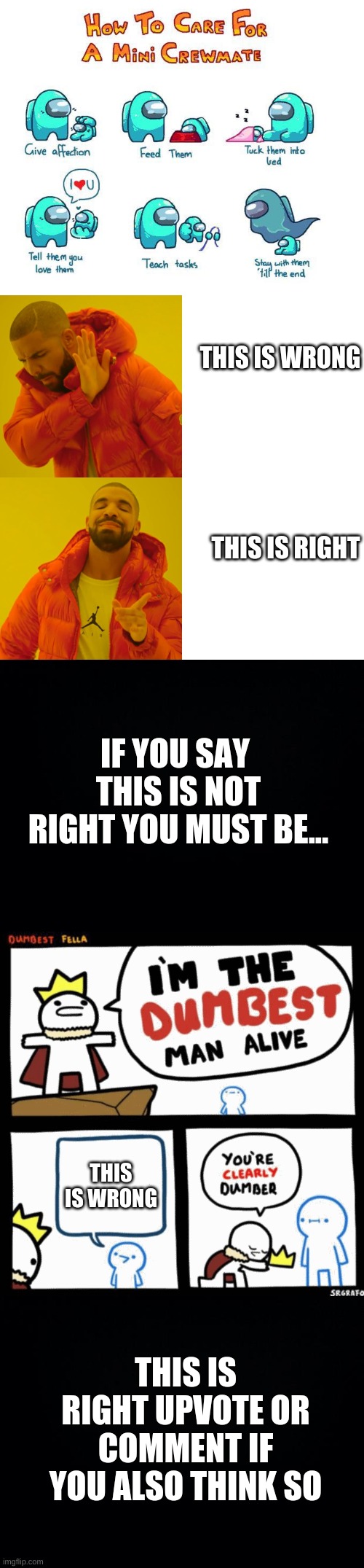 THIS IS RIGHT | THIS IS WRONG; THIS IS RIGHT; IF YOU SAY  THIS IS NOT RIGHT YOU MUST BE... THIS IS WRONG; THIS IS RIGHT UPVOTE OR COMMENT IF YOU ALSO THINK SO | image tagged in black background,memes,drake hotline bling,i'm the dumbest man alive,mini crewmate | made w/ Imgflip meme maker