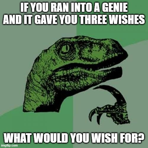 Type your answers in the comments! | IF YOU RAN INTO A GENIE AND IT GAVE YOU THREE WISHES; WHAT WOULD YOU WISH FOR? | image tagged in memes,philosoraptor | made w/ Imgflip meme maker