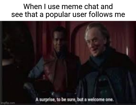 Yey | When I use meme chat and see that a popular user follows me | image tagged in a surprise to be sure | made w/ Imgflip meme maker