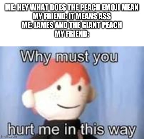 Why must you hurt me in this way | ME: HEY WHAT DOES THE PEACH EMOJI MEAN
MY FRIEND: IT MEANS ASS
ME: JAMES AND THE GIANT PEACH
MY FRIEND: | image tagged in why must you hurt me in this way | made w/ Imgflip meme maker