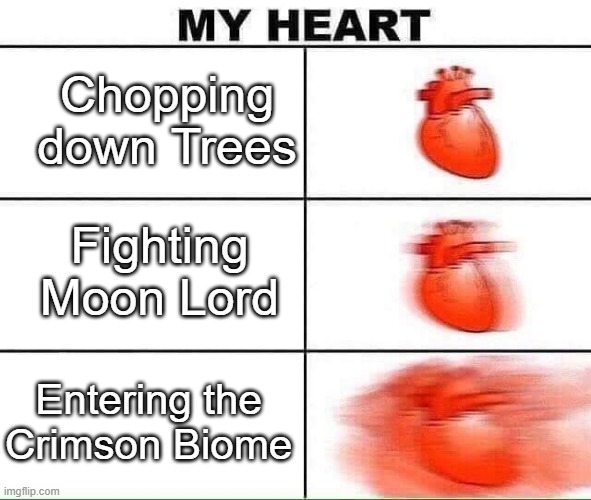 Terraria My Heart | Chopping down Trees; Fighting Moon Lord; Entering the Crimson Biome | image tagged in my heart | made w/ Imgflip meme maker
