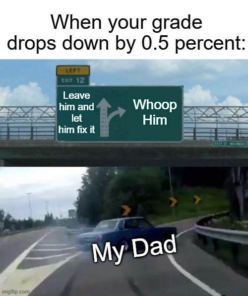 Left Exit 12 Off Ramp | When your grade drops down by 0.5 percent:; Leave him and let him fix it; Whoop Him; My Dad | image tagged in memes,left exit 12 off ramp | made w/ Imgflip meme maker