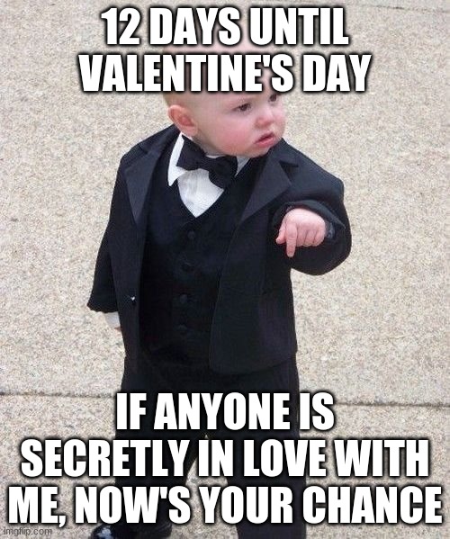 Baby Godfather | 12 DAYS UNTIL VALENTINE'S DAY; IF ANYONE IS SECRETLY IN LOVE WITH ME, NOW'S YOUR CHANCE | image tagged in memes,baby godfather | made w/ Imgflip meme maker