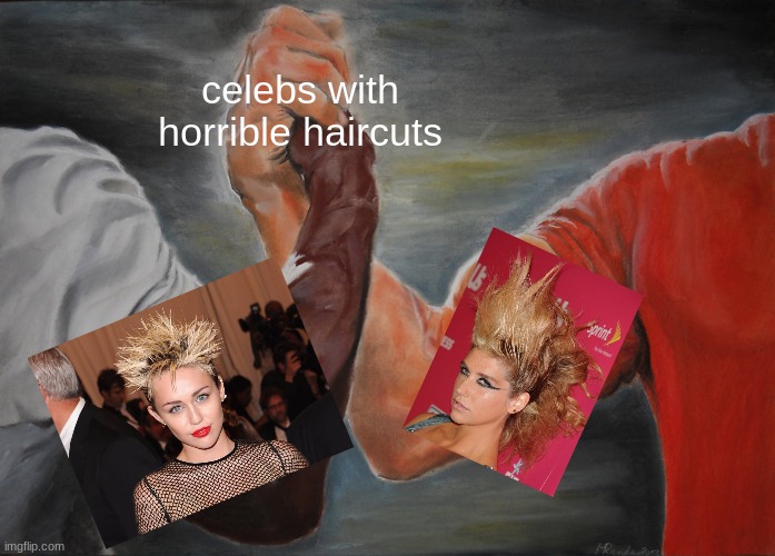 Epic Handshake | celebs with horrible haircuts | image tagged in memes,epic handshake | made w/ Imgflip meme maker