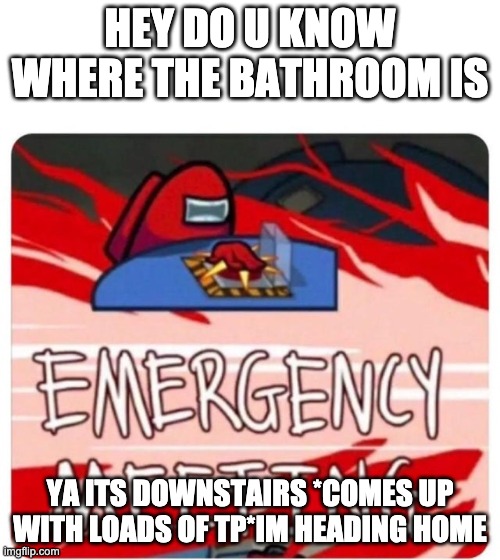 Emergency Meeting Among Us | HEY DO U KNOW WHERE THE BATHROOM IS; YA ITS DOWNSTAIRS *COMES UP WITH LOADS OF TP*IM HEADING HOME | image tagged in emergency meeting among us | made w/ Imgflip meme maker