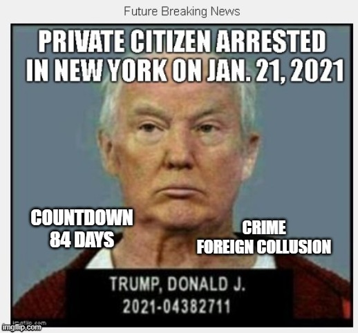 84 Days Until January 21, 2021 - COUNTDOWN In Progress - 100 Days Listing 100 Trump Crimes | CRIME
FOREIGN COLLUSION; COUNTDOWN
84 DAYS | image tagged in countdown,crimes,mafia,conman,russian collusion,traitor | made w/ Imgflip meme maker