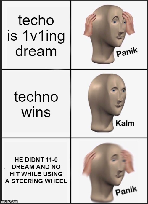 POV: you're a techo stan | techo is 1v1ing dream; techno wins; HE DIDNT 11-0 DREAM AND NO HIT WHILE USING A STEERING WHEEL | image tagged in memes,panik kalm panik | made w/ Imgflip meme maker