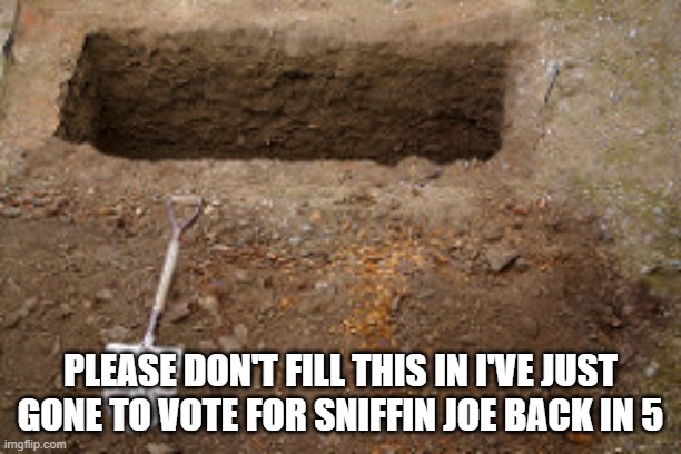 Grave | PLEASE DON'T FILL THIS IN I'VE JUST GONE TO VOTE FOR SNIFFIN JOE BACK IN 5 | image tagged in grave | made w/ Imgflip meme maker