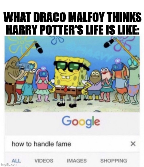 Famous Harry POTTAH |  WHAT DRACO MALFOY THINKS HARRY POTTER'S LIFE IS LIKE: | image tagged in harry potter | made w/ Imgflip meme maker