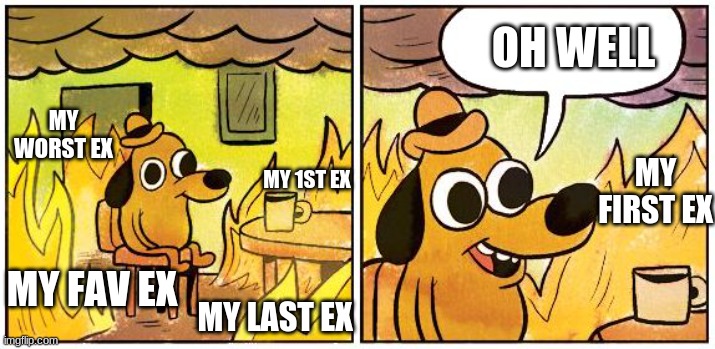 This is Fine (Blank) | OH WELL; MY WORST EX; MY FIRST EX; MY 1ST EX; MY FAV EX; MY LAST EX | image tagged in this is fine blank | made w/ Imgflip meme maker