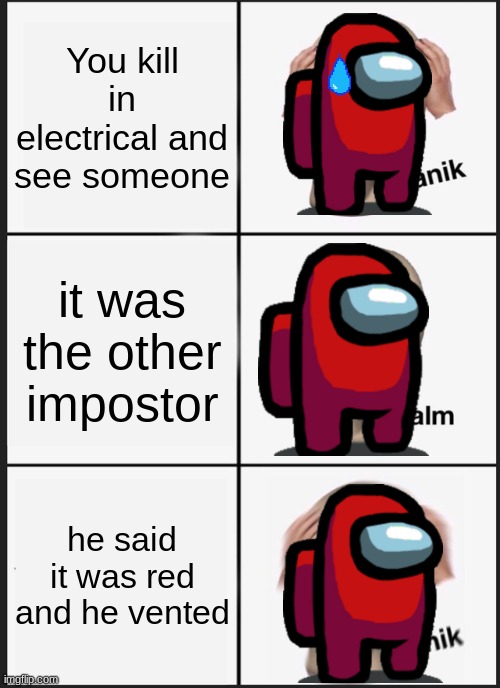 NOOOOOOOOOOOOOOOOOOOOOOOOOoo | You kill in electrical and see someone; it was the other impostor; he said it was red and he vented | image tagged in memes,panik kalm panik | made w/ Imgflip meme maker