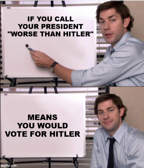 Socialism | IF YOU CALL YOUR PRESIDENT "WORSE THAN HITLER"; MEANS YOU WOULD VOTE FOR HITLER | image tagged in jim office board,socialism,memes,politics,hitler | made w/ Imgflip meme maker