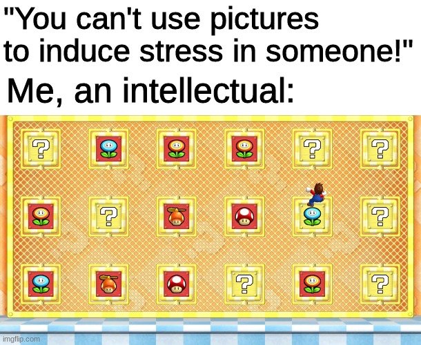 this horrifies me every time I play it | "You can't use pictures to induce stress in someone!"; Me, an intellectual: | image tagged in super mario | made w/ Imgflip meme maker