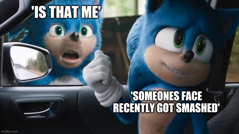 OOF, Sonic is savage! | 'IS THAT ME'; 'SOMEONES FACE RECENTLY GOT SMASHED' | image tagged in sonic movie old vs new | made w/ Imgflip meme maker