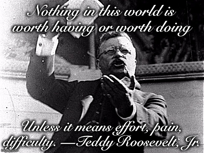 Tl;dr no pain no gain | Nothing in this world is worth having or worth doing; Unless it means effort, pain, difficulty. —Teddy Roosevelt, Jr. | image tagged in teddy roosevelt speech,pain,effort,teddy roosevelt,quotes,quote | made w/ Imgflip meme maker