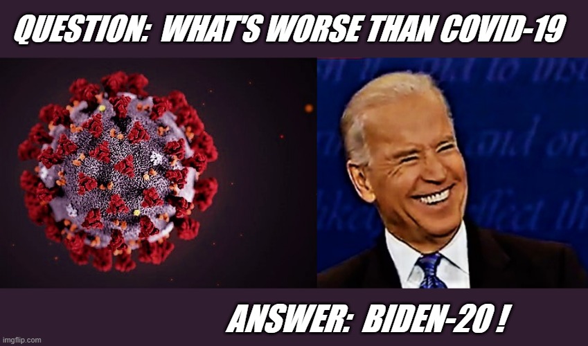 covid-19 vs biden-20 |  QUESTION:  WHAT'S WORSE THAN COVID-19; ANSWER:  BIDEN-20 ! | image tagged in political meme,coronavirus meme,joe biden,covid 19,coronavirus,election 2020 | made w/ Imgflip meme maker