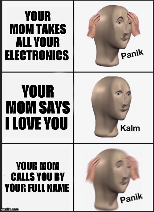 panikkkk | YOUR MOM TAKES ALL YOUR ELECTRONICS; YOUR MOM SAYS I LOVE YOU; YOUR MOM CALLS YOU BY YOUR FULL NAME | image tagged in memes,panik kalm panik | made w/ Imgflip meme maker