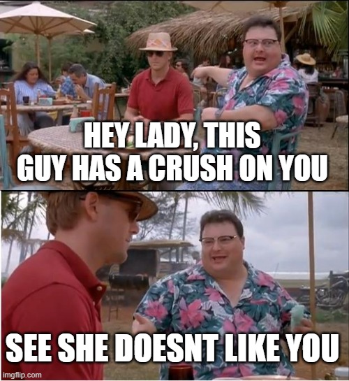 See Nobody Cares Meme | HEY LADY, THIS GUY HAS A CRUSH ON YOU; SEE SHE DOESNT LIKE YOU | image tagged in memes,see nobody cares | made w/ Imgflip meme maker