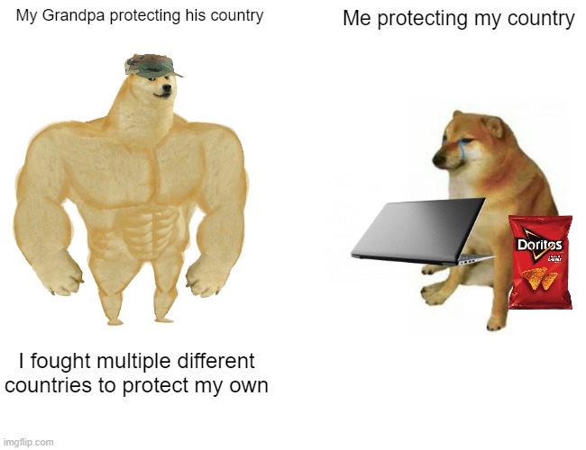 i'm a hero | My Grandpa protecting his country; Me protecting my country; I fought multiple different countries to protect my own | image tagged in memes,buff doge vs cheems | made w/ Imgflip meme maker