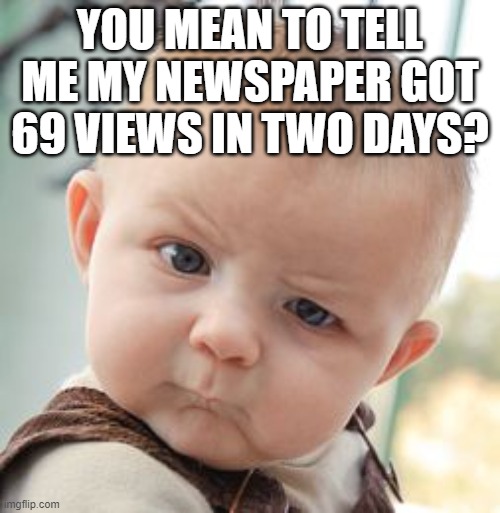 Skeptical Baby | YOU MEAN TO TELL ME MY NEWSPAPER GOT 69 VIEWS IN TWO DAYS? | image tagged in memes,skeptical baby | made w/ Imgflip meme maker