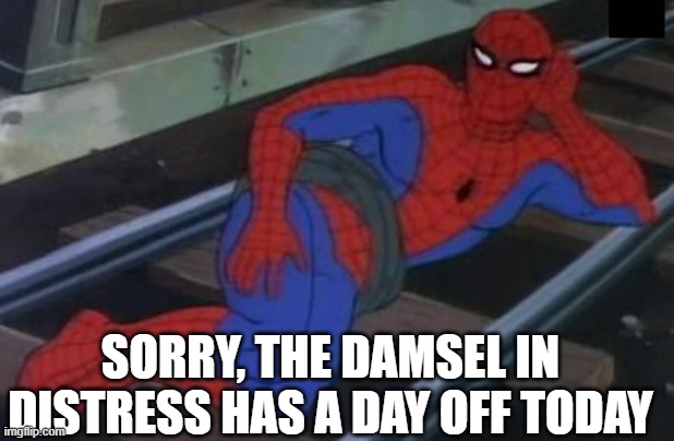 Sexy Railroad Spiderman | SORRY, THE DAMSEL IN DISTRESS HAS A DAY OFF TODAY | image tagged in memes,sexy railroad spiderman,spiderman | made w/ Imgflip meme maker