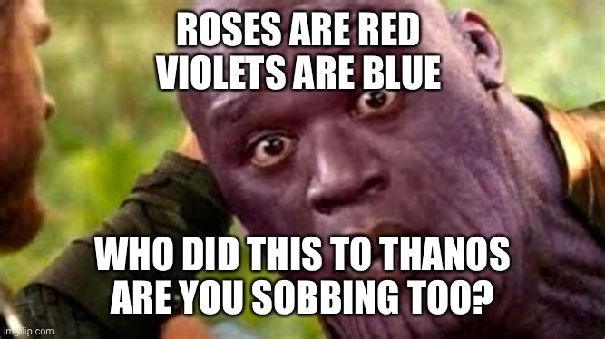 Reeee | ROSES ARE RED 
VIOLETS ARE BLUE; WHO DID THIS TO THANOS
ARE YOU SOBBING TOO? | image tagged in thanksgiving | made w/ Imgflip meme maker