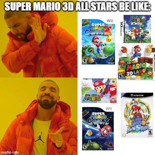Drake Hotline Bling Meme | SUPER MARIO 3D ALL STARS BE LIKE: | image tagged in memes,drake hotline bling | made w/ Imgflip meme maker